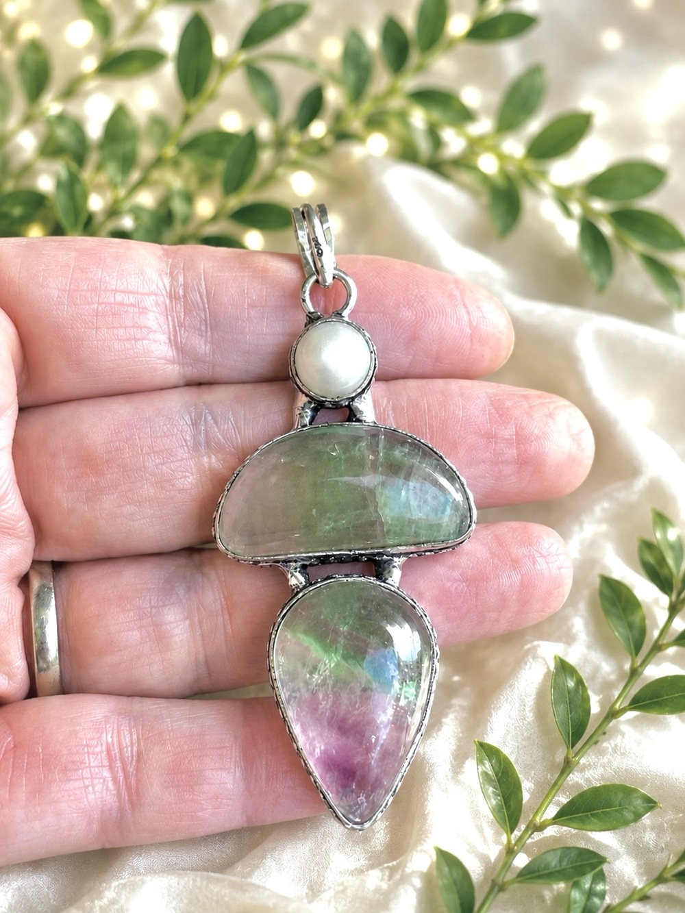 Natural Fluorite & Pearl Gemstone 2.8” Silver Pendant - Picture 6 of 7
